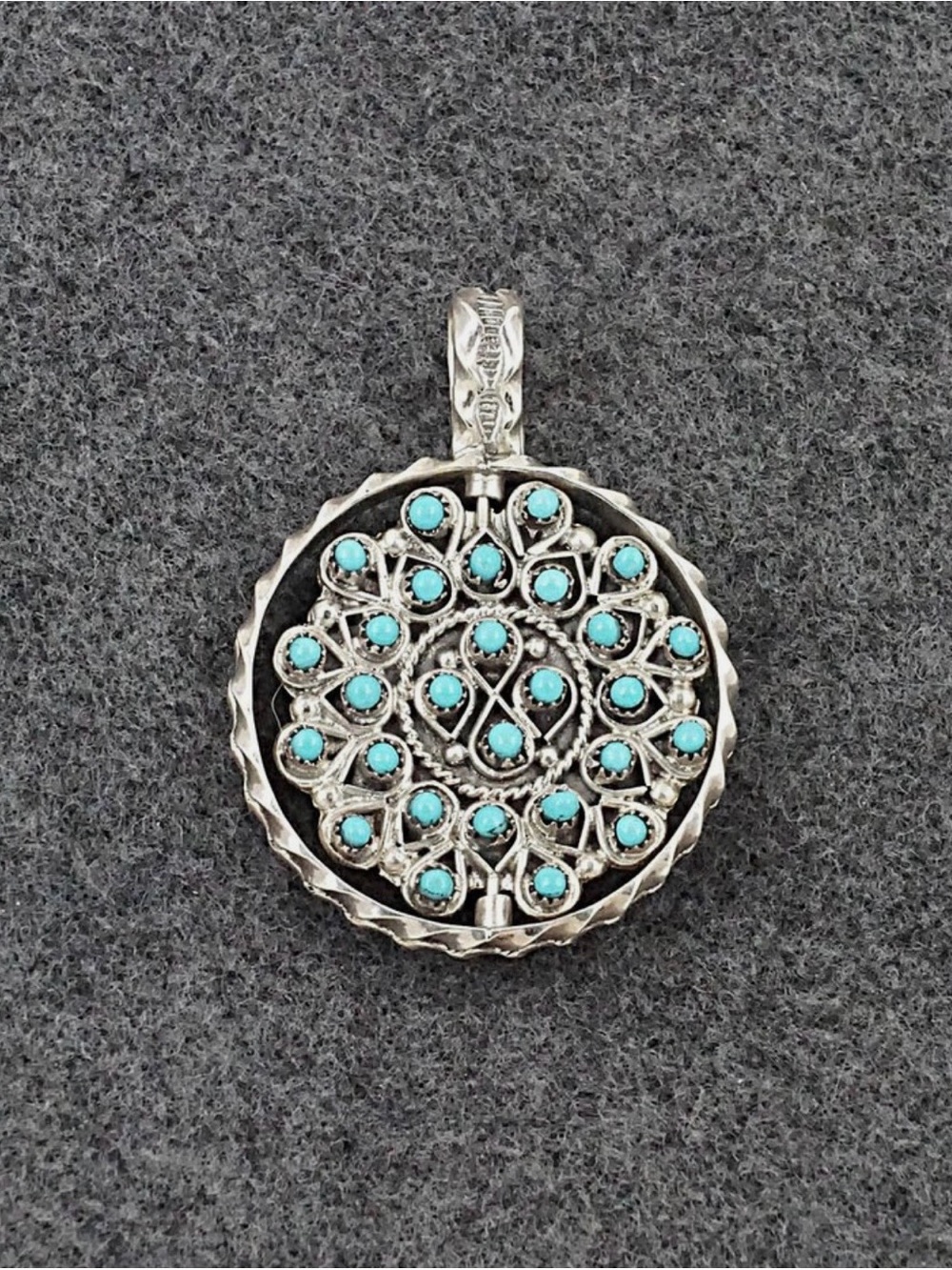 UNIQUE-Reversible “Snake Eye” Pendant- Turquoise on 1 side & Red Coral on other